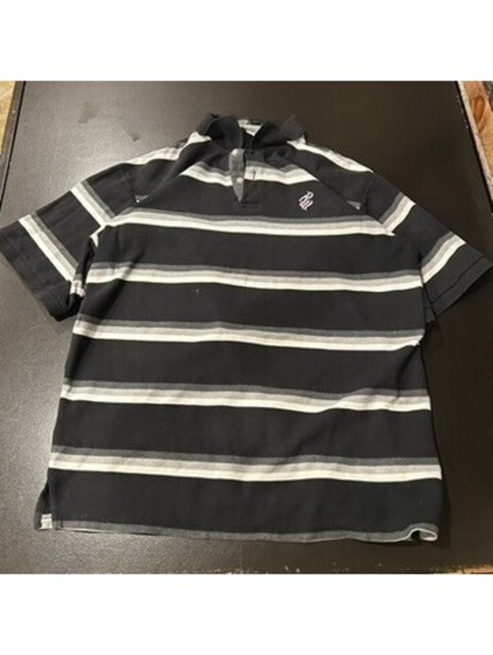 Vintage y2k surf designer Rocawear black and gray striped short sleeve polo shir